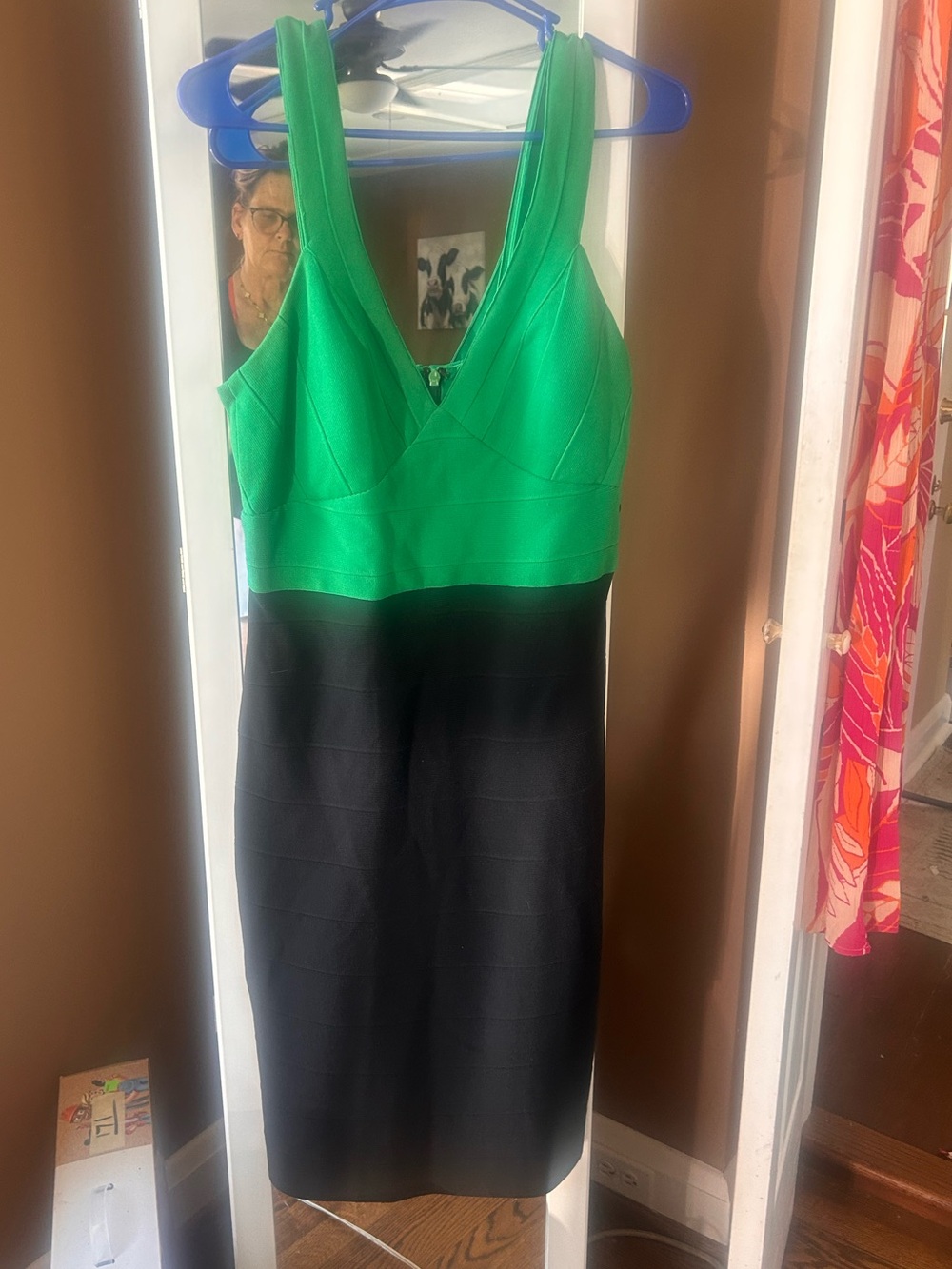 JS Collections Green and Black V-Neck Midi Sheath Dress